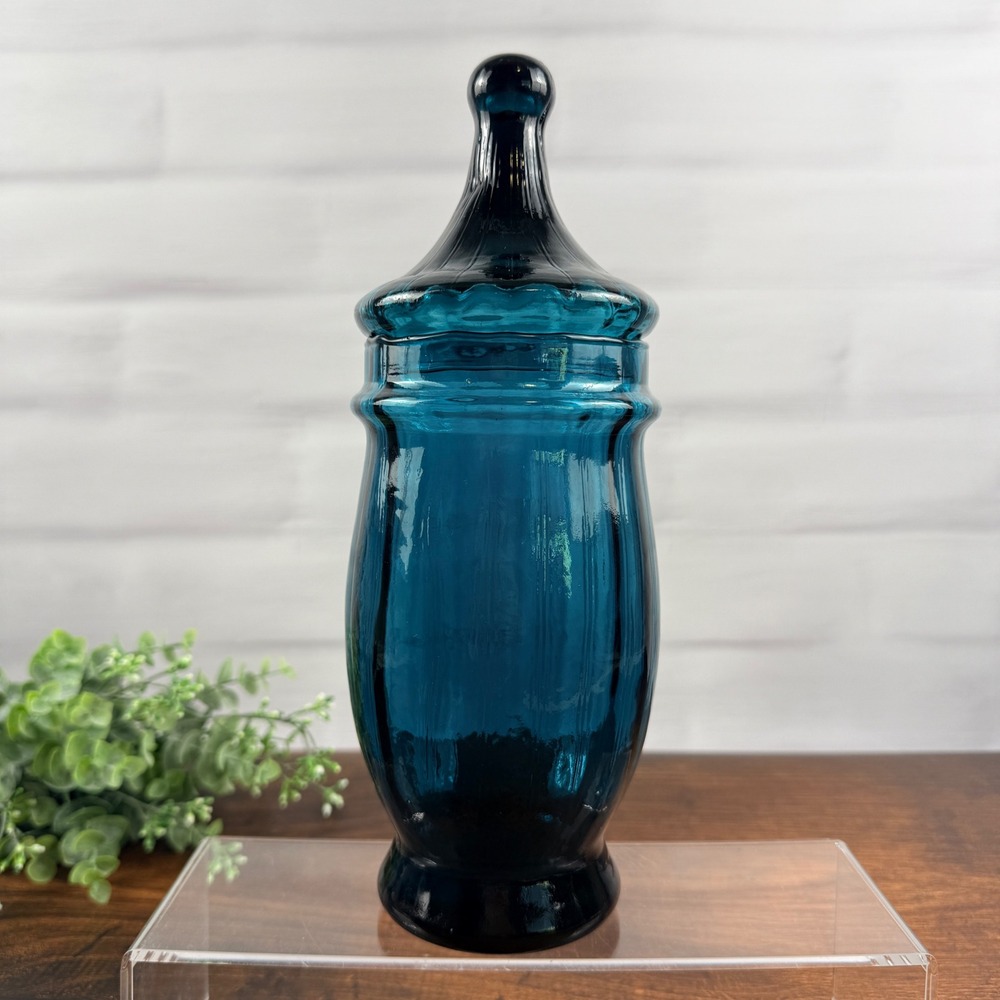 Empoli Peacock Blue Glass Apothecary Jar Canister Italy MCM